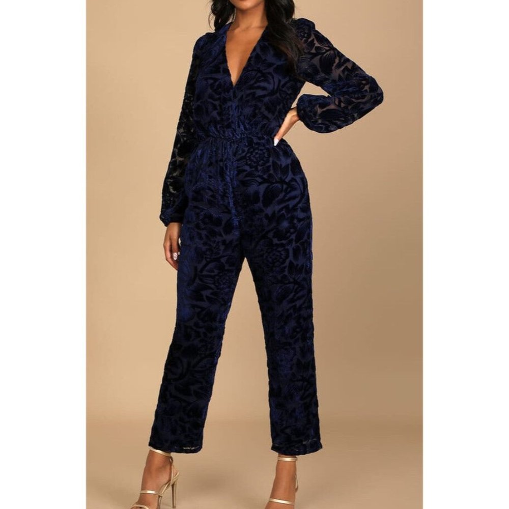 Lulu’s Womens Got You Gorgeous Navy Blue Burnout Velvet Long Sleeve Jumpsuit S